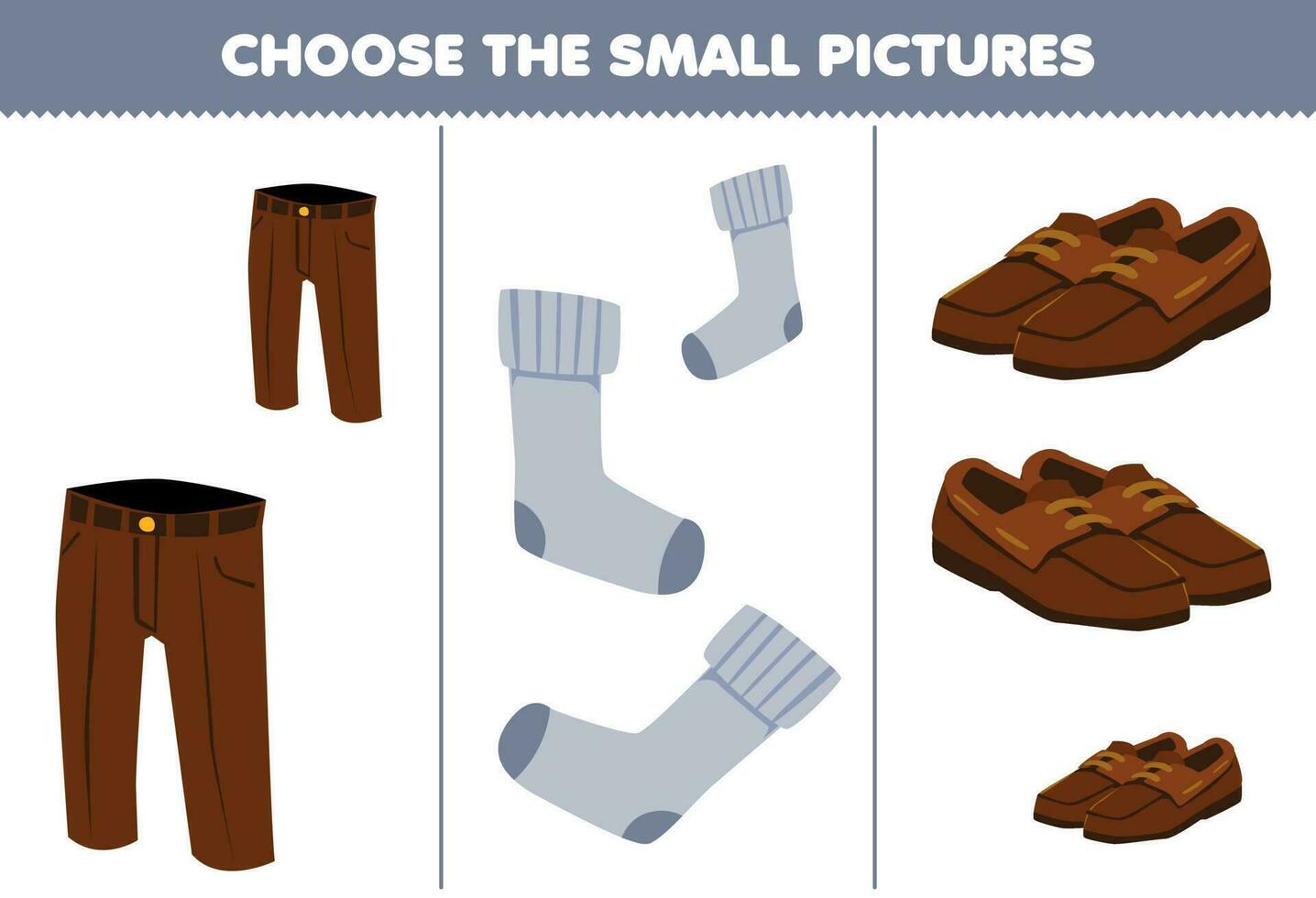 formazione scolastica gioco per bambini scegliere il piccolo immagine di carino cartone animato pantaloni calzino scarpe stampabile indossabile Abiti foglio di lavoro vettore