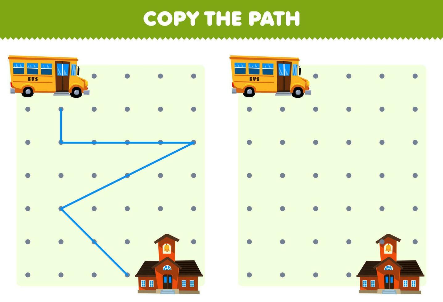 formazione scolastica gioco per bambini copia il sentiero Aiuto autobus mossa per il scuola stampabile mezzi di trasporto foglio di lavoro vettore