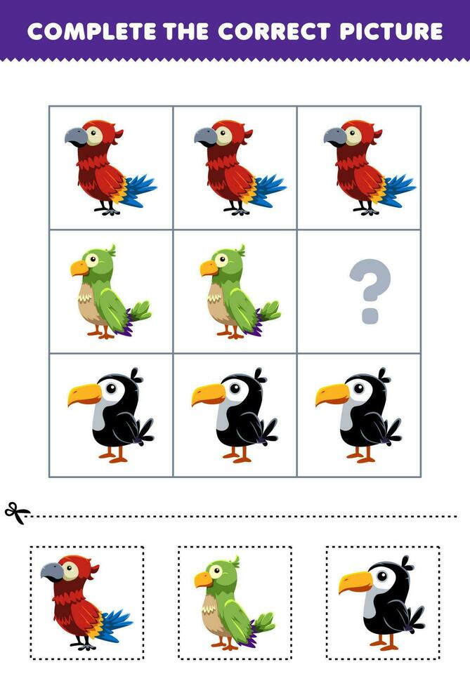 formazione scolastica gioco per bambini per scegliere e completare il corretta immagine di un' carino cartone animato pappagallo parrocchetto o tucano stampabile animale foglio di lavoro vettore