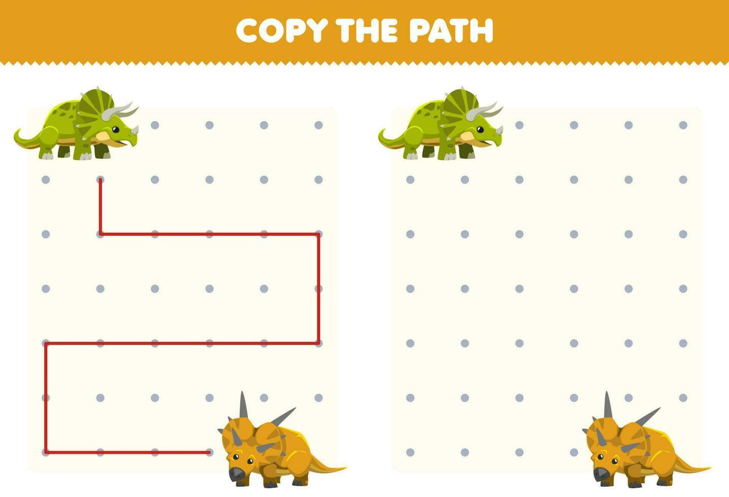 formazione scolastica gioco per bambini copia il sentiero Aiuto triceratopo mossa per il xenoceratops stampabile preistorico dinosauro foglio di lavoro vettore