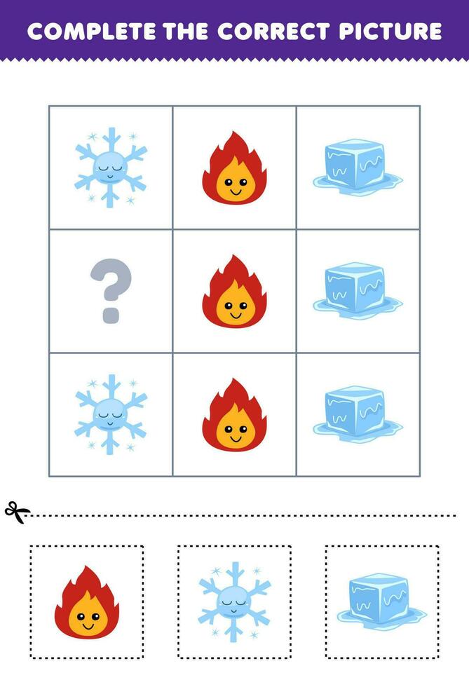 formazione scolastica gioco per bambini per scegliere e completare il corretta immagine di un' carino cartone animato fuoco fiocco di neve o ghiaccio stampabile natura foglio di lavoro vettore