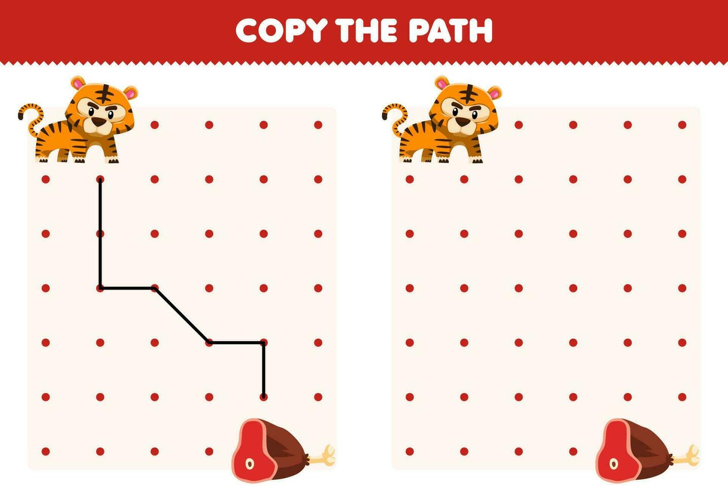 formazione scolastica gioco per bambini copia il sentiero Aiuto tigre mossa per il carne stampabile animale foglio di lavoro vettore