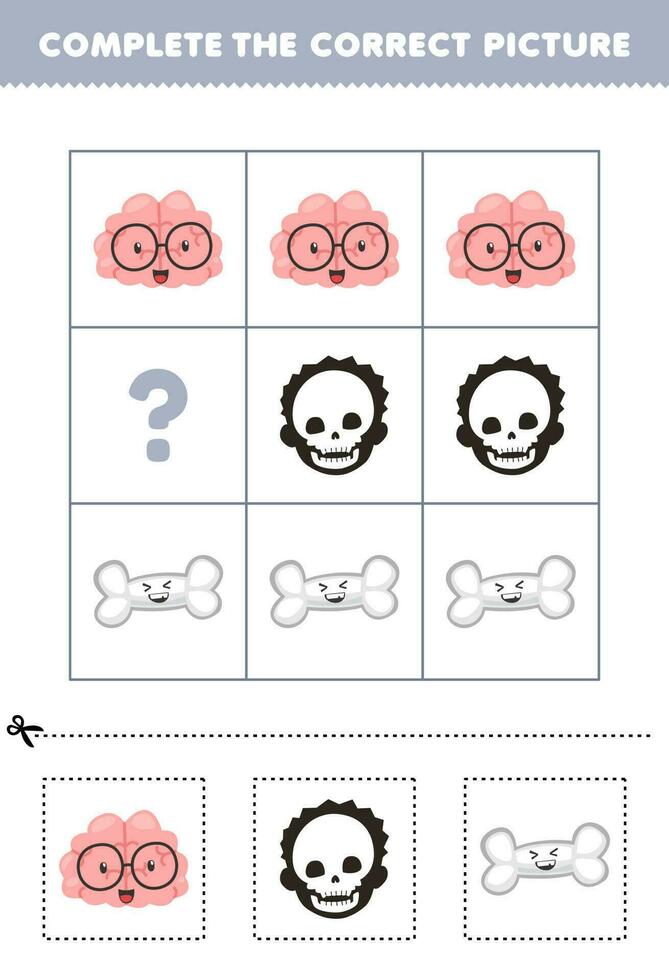 formazione scolastica gioco per bambini per scegliere e completare il corretta immagine di un' carino cartone animato cervello cranio o osso stampabile anatomia foglio di lavoro vettore