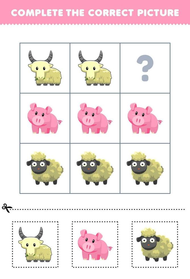 formazione scolastica gioco per bambini per scegliere e completare il corretta immagine di un' carino cartone animato capra maiale o pecora stampabile animale foglio di lavoro vettore