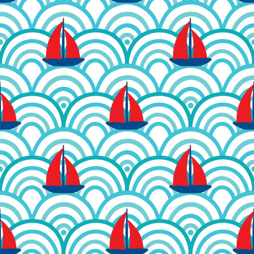 barche a vela a mare, bambini illustrazione. ondulato sfondo. senza soluzione di continuità modello per tessuto, avvolgere, tessile, sfondo, abbigliamento. vettore