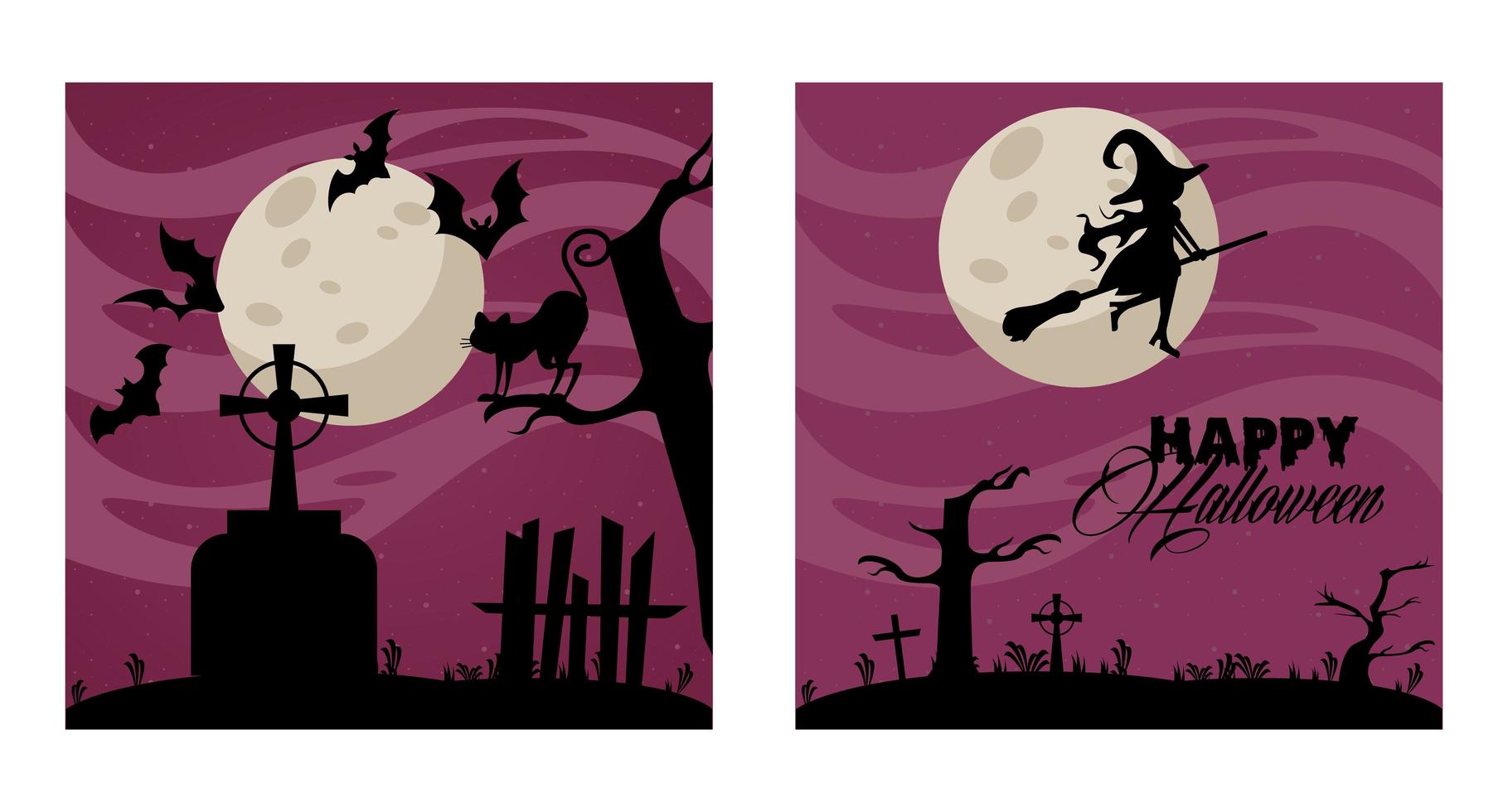 felice celebrazione di halloween card con strega che vola nelle scene del cimitero vettore