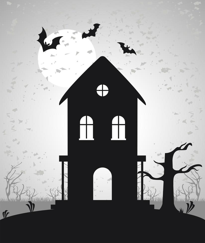 carta di celebrazione di halloween felice con casa stregata e pipistrelli che volano vettore