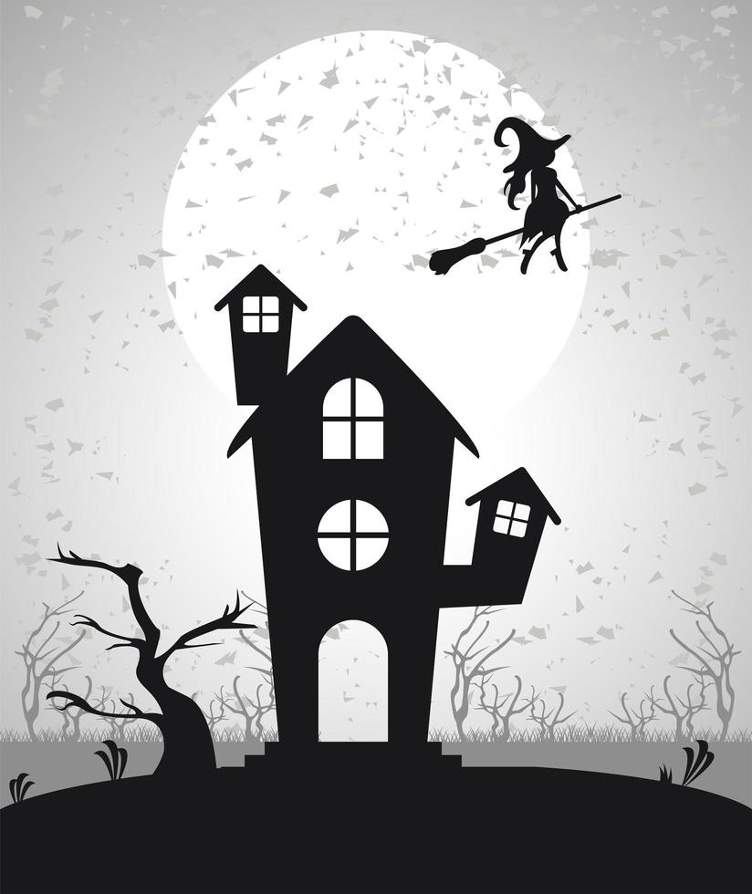 carta di celebrazione di halloween felice con casa stregata e streghe volanti vettore