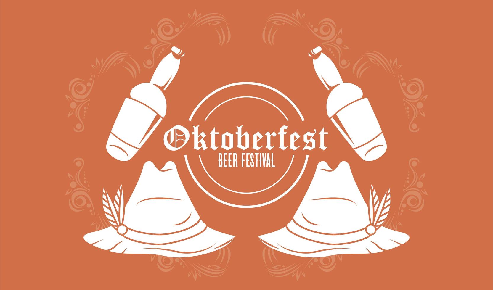 Manifesto del festival di celebrazione dell'Oktoberfest con bottiglie di birra e cappelli tirolesi vettore