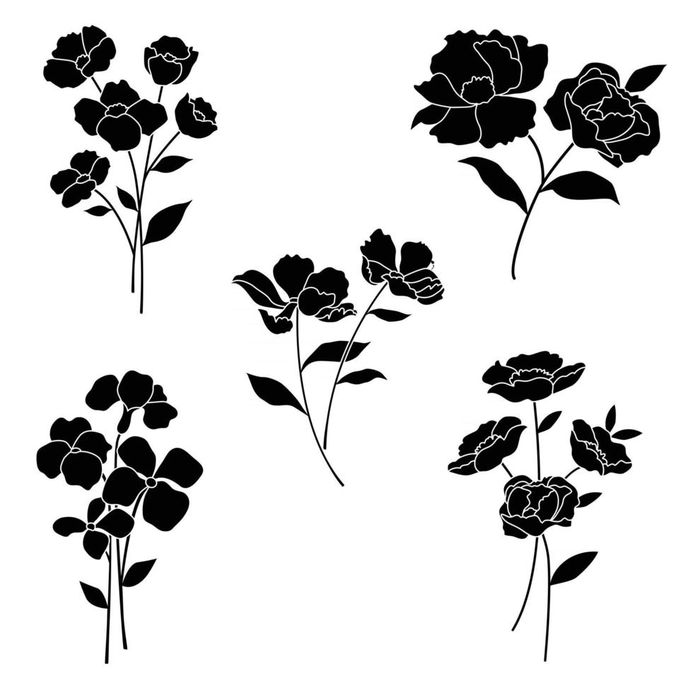 silhouette nera di fiori botanici disegnati a mano vettore