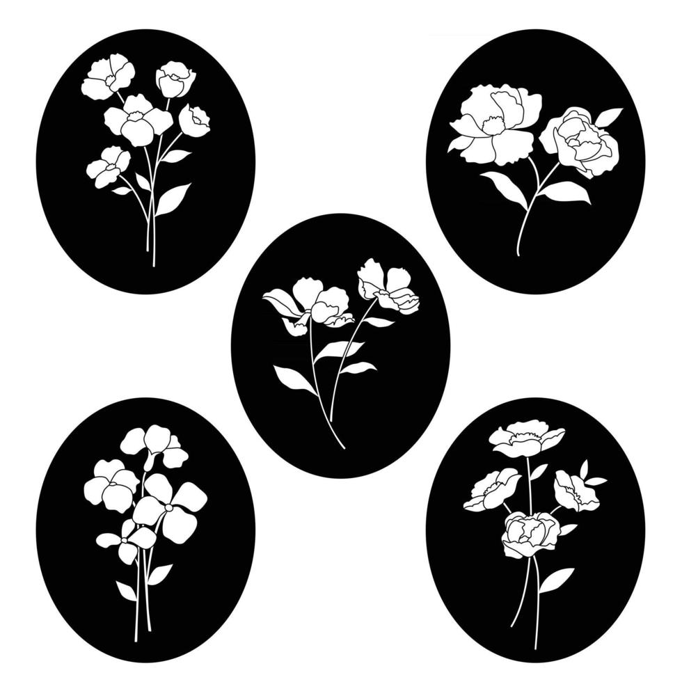 sagome di fiori botanici disegnati a mano su ovali neri vettore