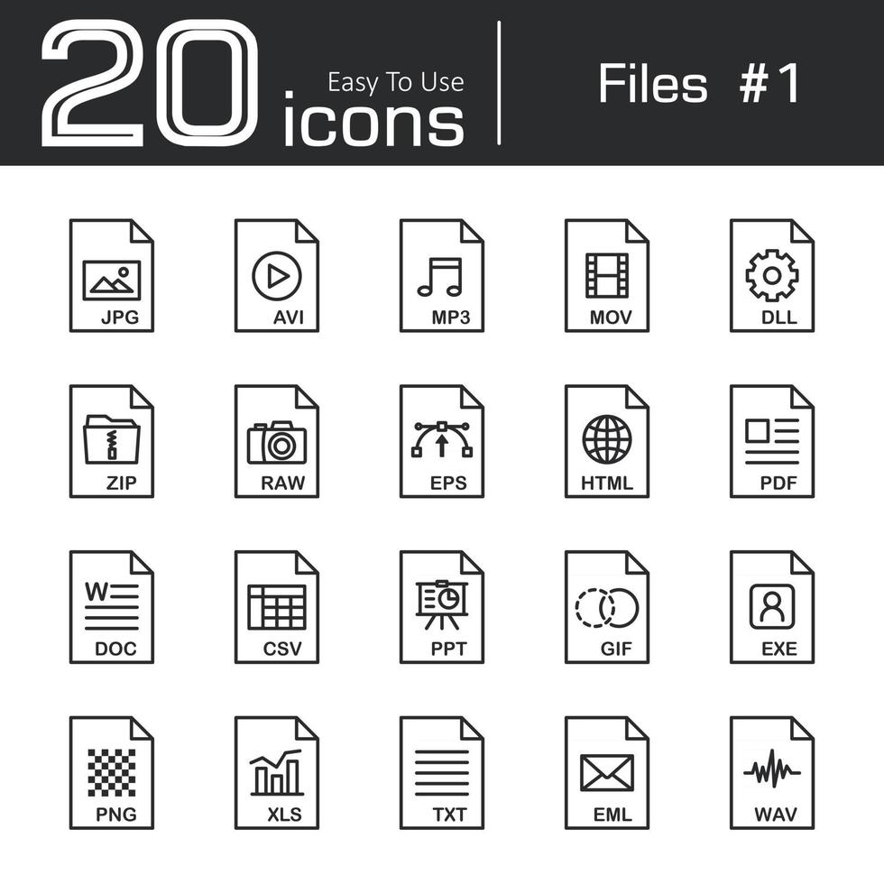 file icon set 1 jpg avi mp3 mov dll zip raw eps html pdf doc csv ppt gif exe png xls txt eml wav vettore