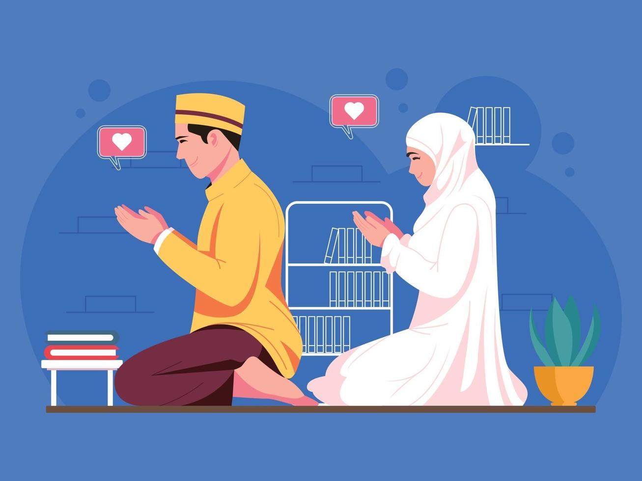 coppia musulmana che prega insieme illustrazione del carattere vettore