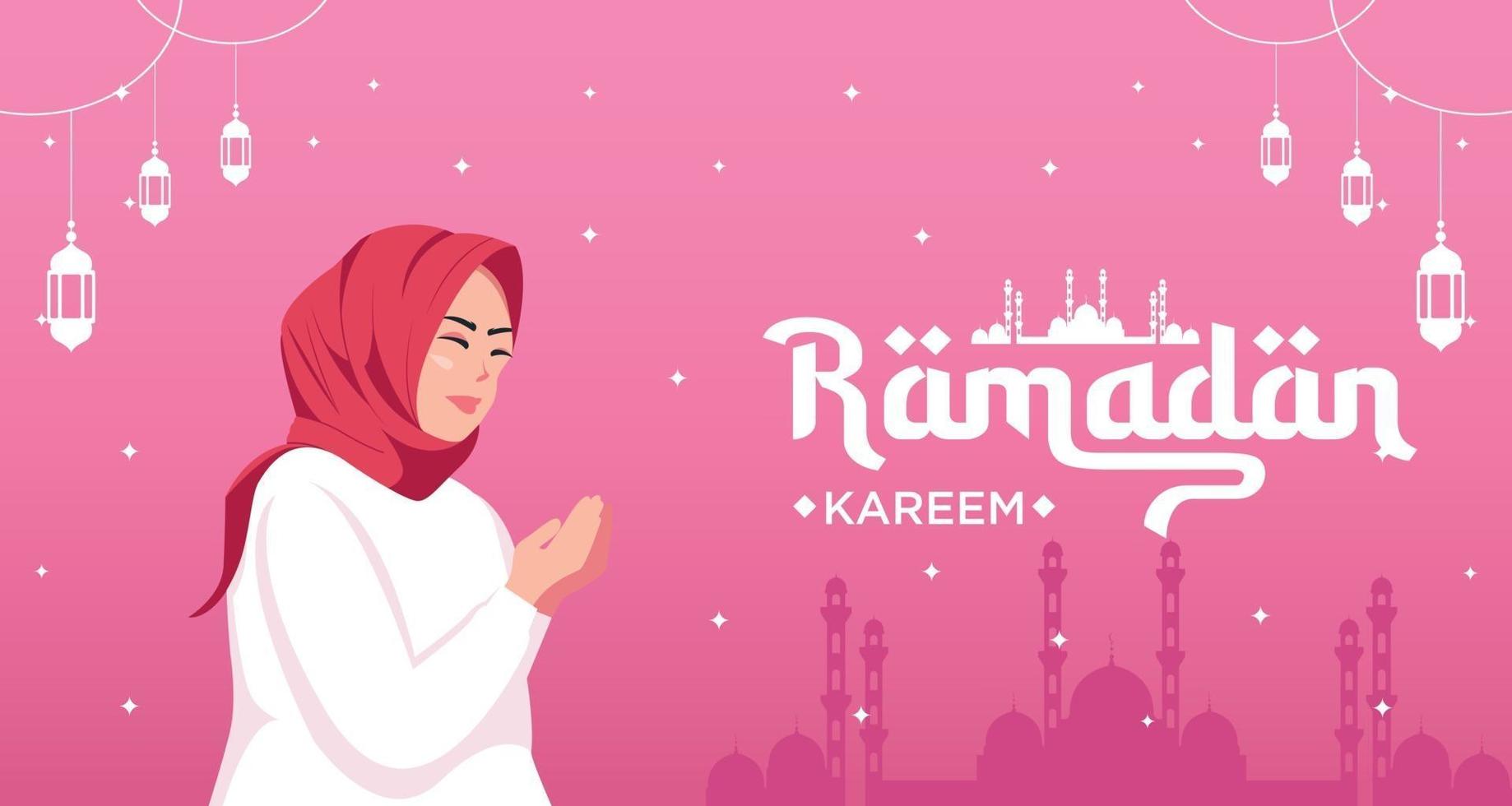 felice banner di ramadan kareem con carattere donna prega vettore