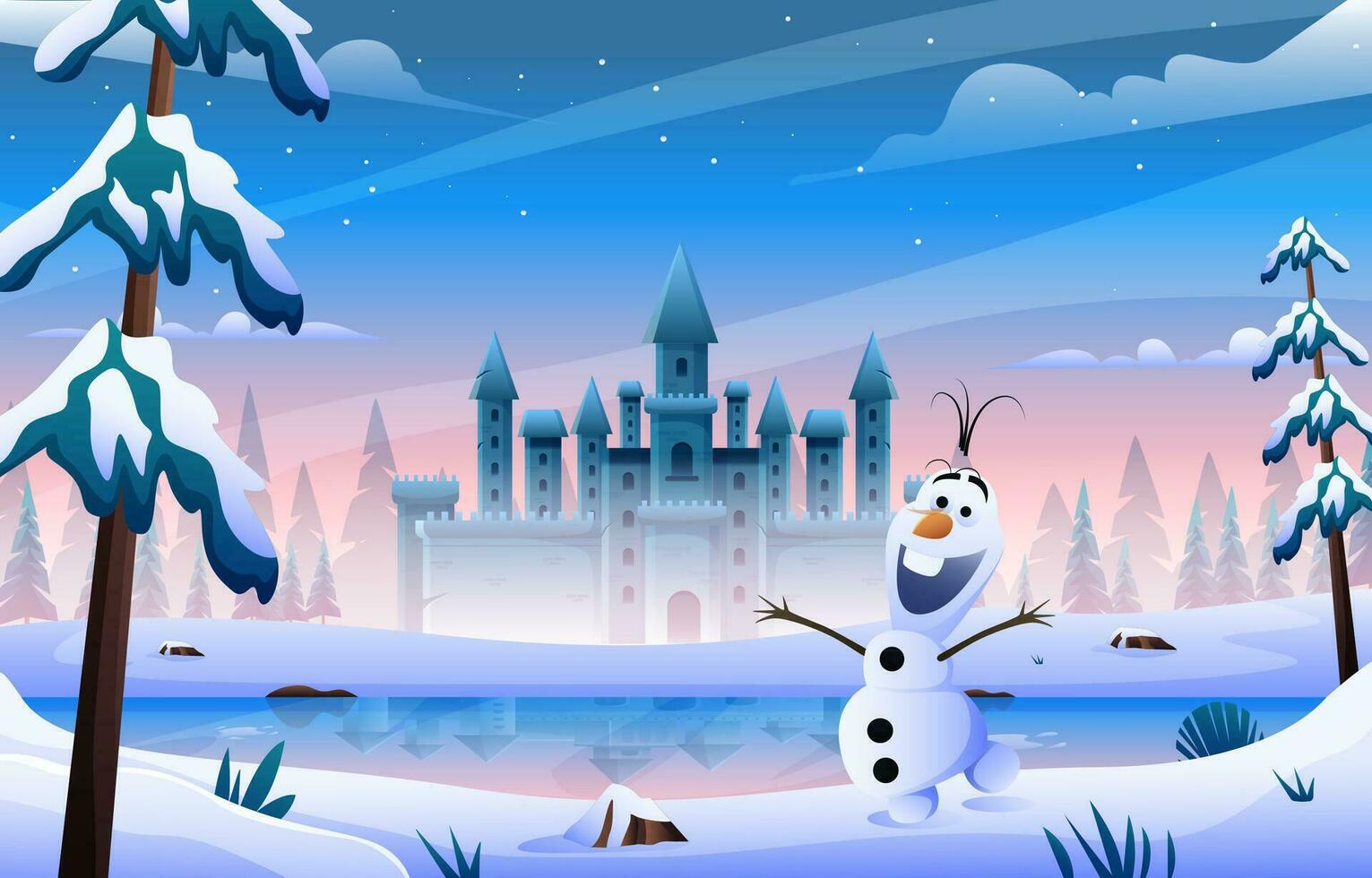 carino pupazzo di neve con castello sfondo vettore