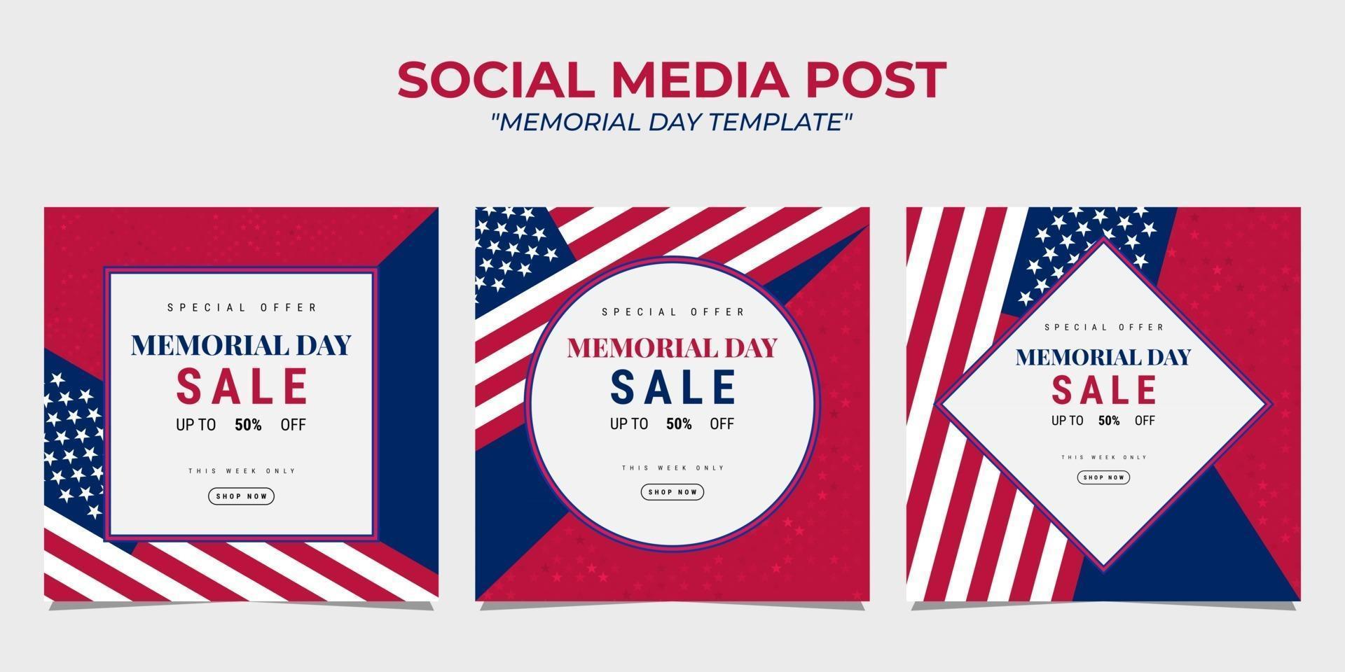 memorial day social media post template design con la bandiera nazionale degli stati uniti d'america vettore