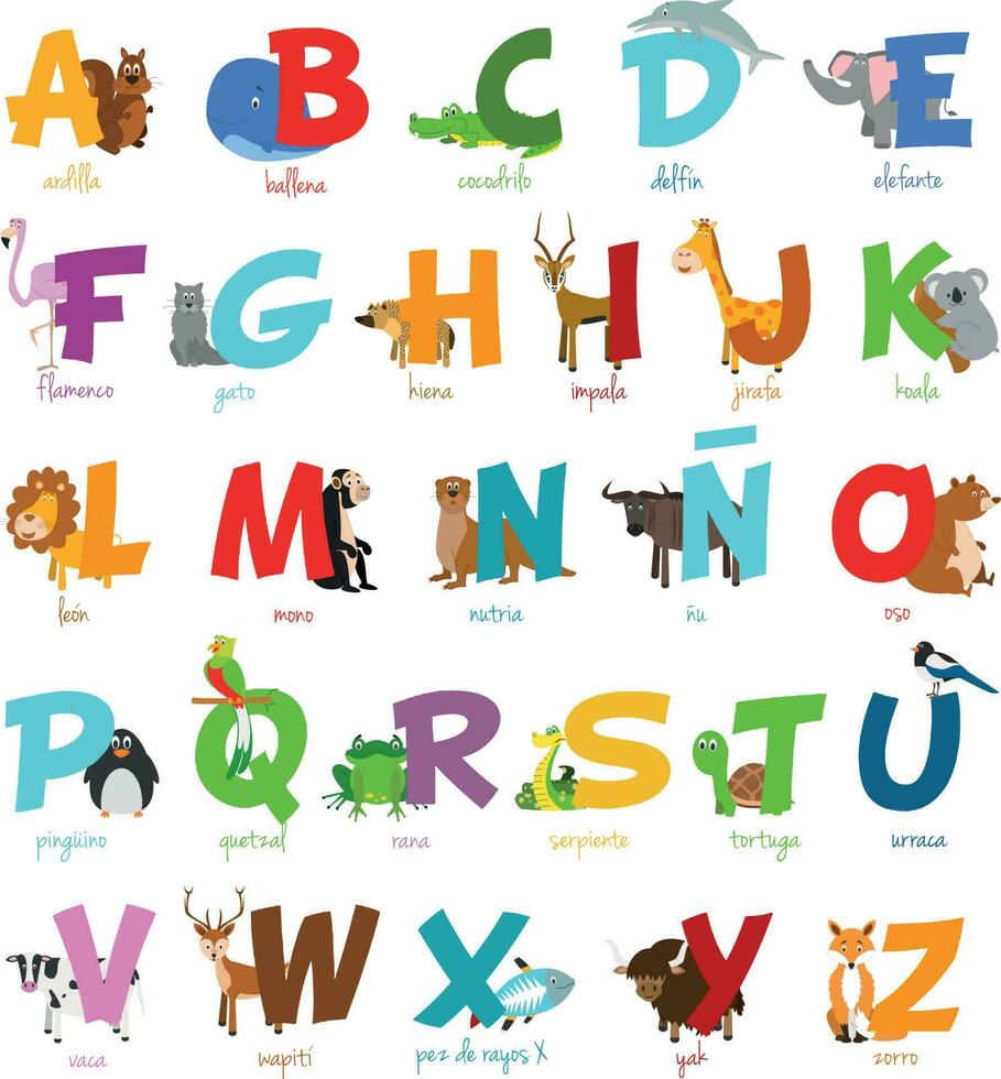 carino cartone animato zoo illustrato alfabeto con divertente animali. spagnolo alfabeto. imparare per leggere. isolato vettore illustrazione.