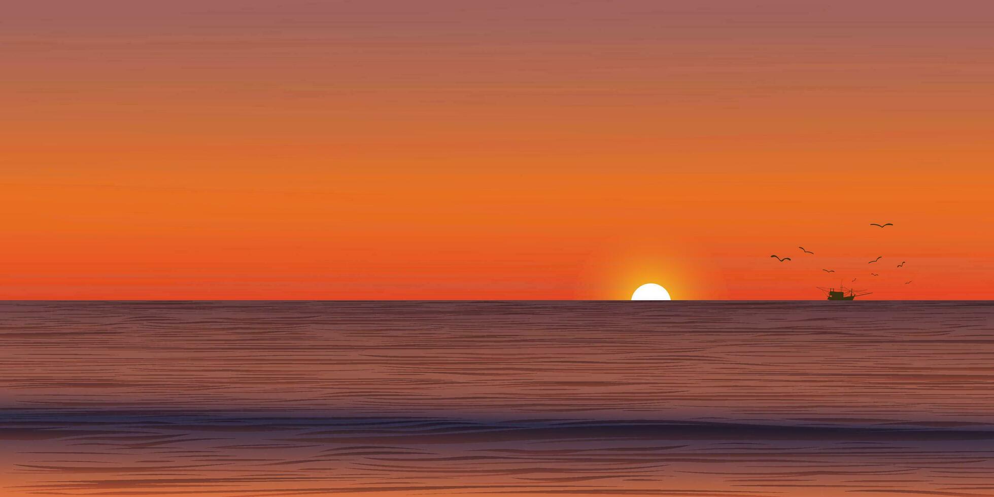 paesaggio marino tramonto con silhouette pesca barca seguito di gabbiani a orizzonte vettore illustrazione avere vuoto spazio. oceano con drammatico cielo sfondo.