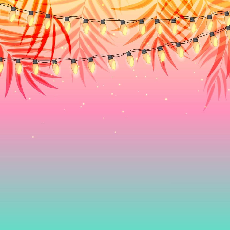 tramonto di design per le vacanze estive con foglie di palma e lampadine a ghirlanda gialla vettore