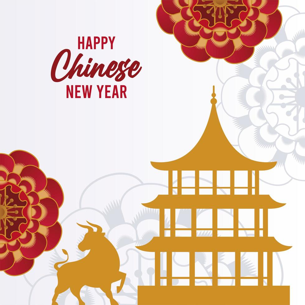 felice anno nuovo cinese lettering card con bue dorato e palazzo vettore