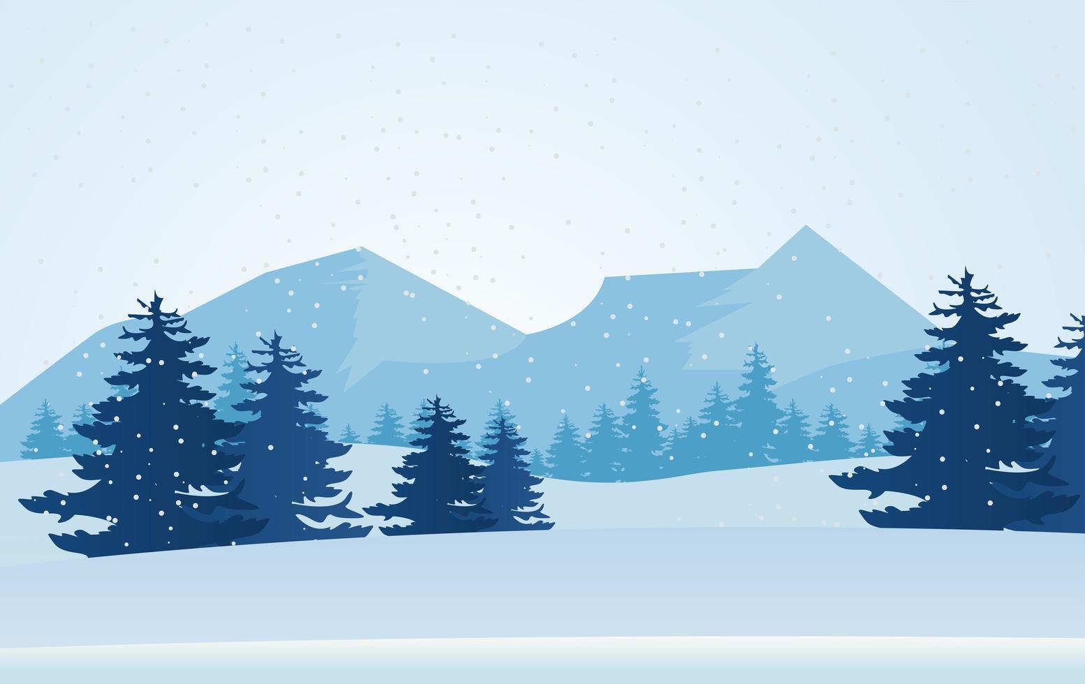 bellezza blu paesaggio invernale scena montagne e pini alberi vettore