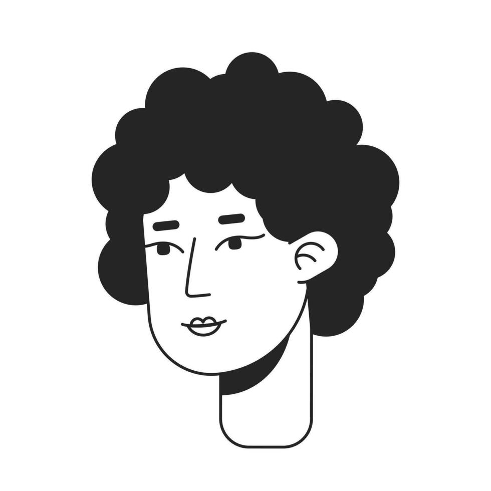 afro Riccio capelli di mezza età donna monocromatico piatto lineare personaggio testa. amichevole signora. modificabile schema mano disegnato umano viso icona. 2d cartone animato individuare vettore avatar illustrazione per animazione