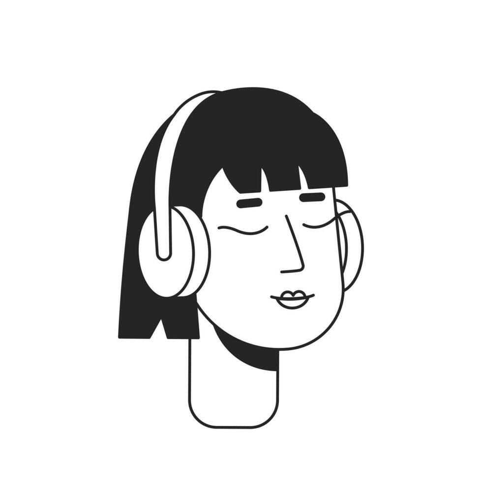 occhi chiuso cuffie donna ascoltando per musica monocromatico piatto lineare personaggio testa. modificabile schema mano disegnato umano viso icona. 2d cartone animato individuare vettore avatar illustrazione per animazione