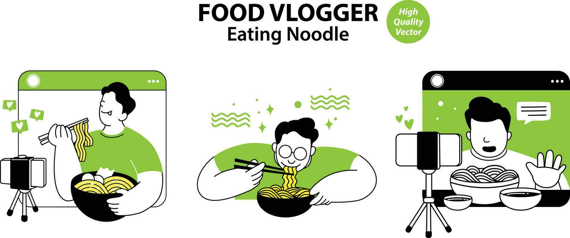 cibo influencer, cibo vlogger mangiare spaghetto vettore