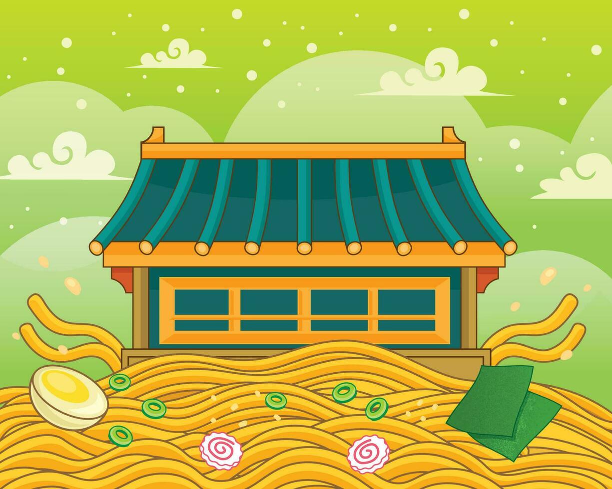 giapponese castello con spaghetto o ramen vettore