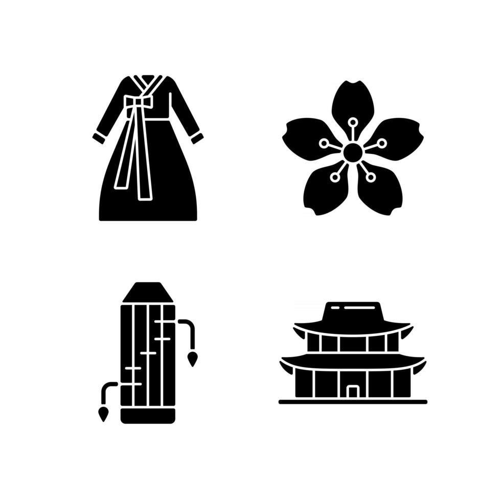 simboli etnici coreani icone glifo nero impostato su uno spazio bianco vettore