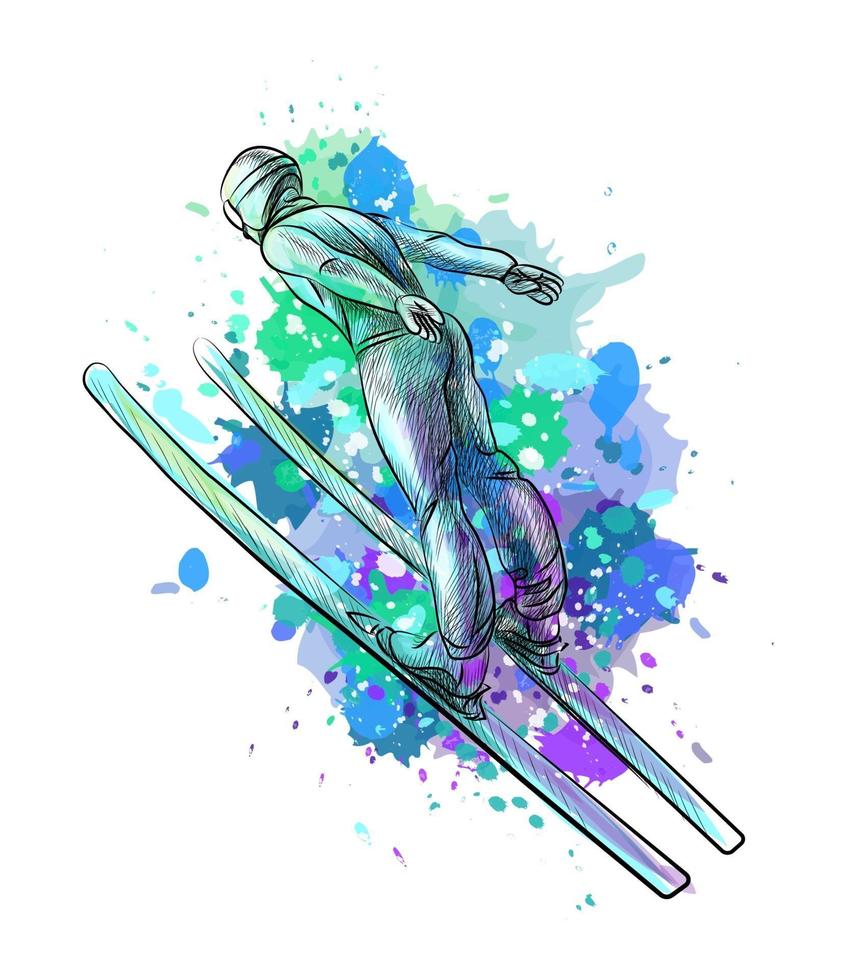 sciatore salto astratto da una spruzzata di acquerello schizzo disegnato a mano sport invernali illustrazione vettoriale di vernici