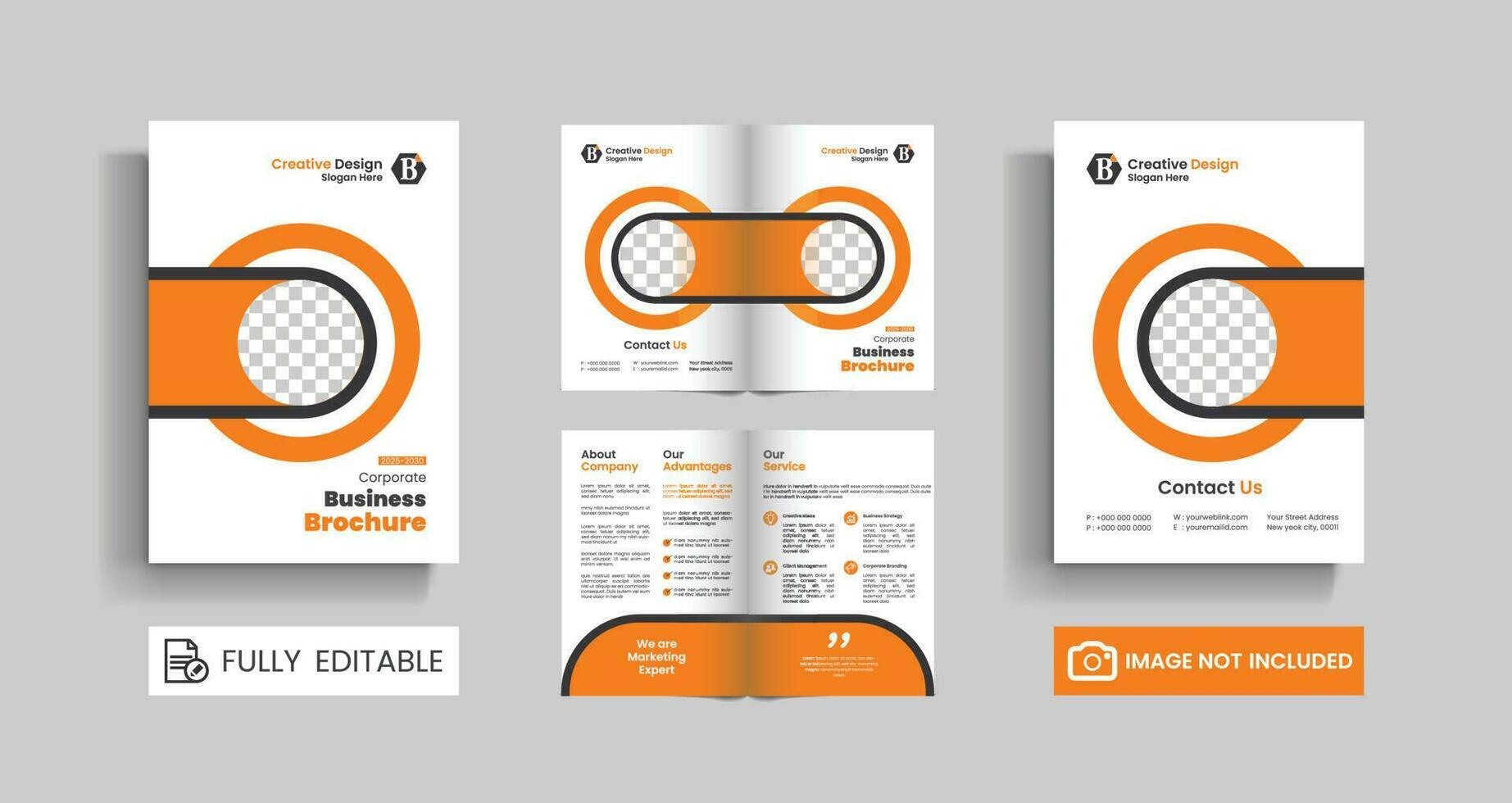 un' bifold opuscolo per un' azienda. un' 4 pagina azienda profilo. annuale rapporto, marca guida modello, trifold opuscolo, bifold opuscolo, Catalogare disegno, attività commerciale infografica, portafoglio design. vettore