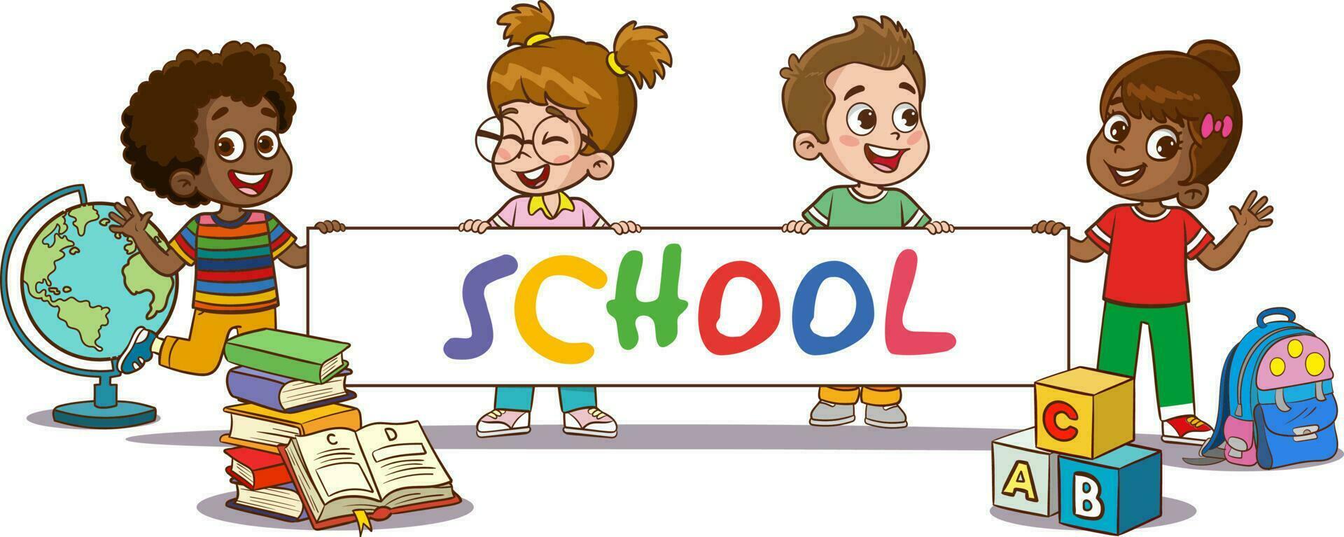 contento carino poco ragazzo formazione scolastica con vuoto bandiera vettore illustrazione