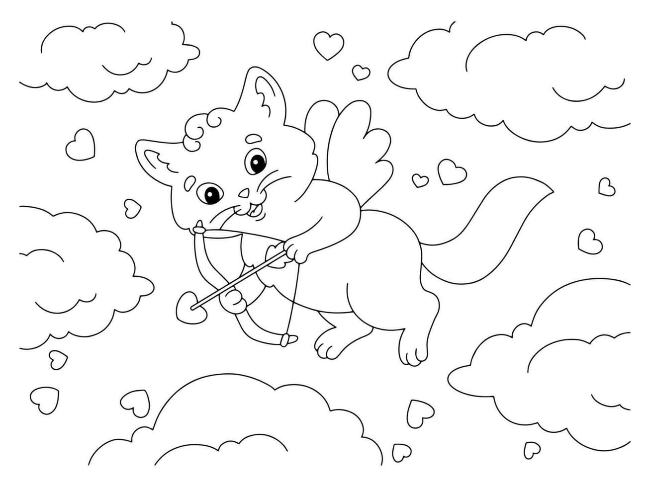 simpatico gatto cupido. pagina del libro da colorare per bambini. personaggio in stile cartone animato. illustrazione vettoriale isolato su sfondo bianco. San Valentino.