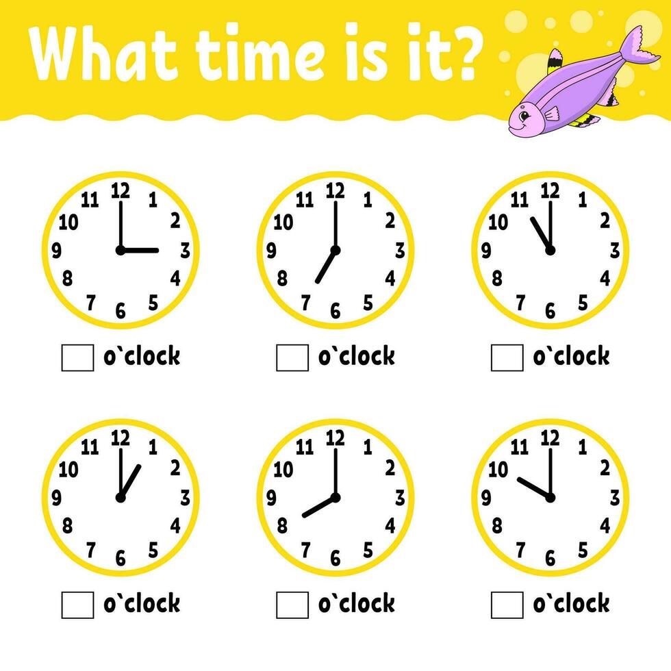 apprendimento tempo su il orologio. educativo attività foglio di lavoro per bambini e bambini piccoli. gioco per bambini. semplice piatto isolato colore vettore illustrazione nel carino cartone animato stile. vettore illustrazione.