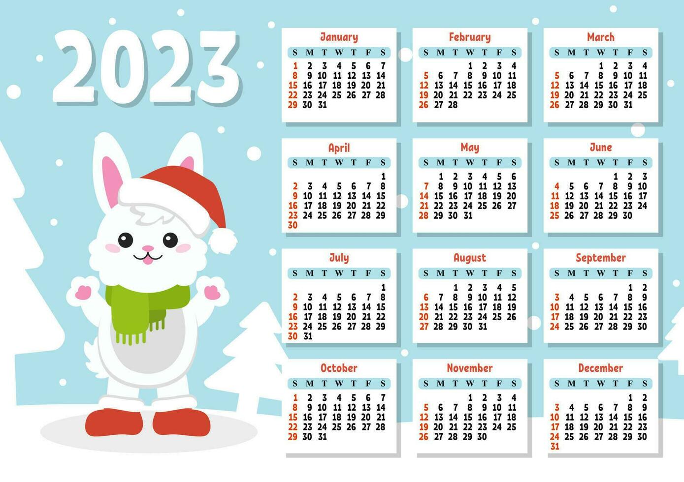 colore calendario per 2023 con un' carino personaggio coniglio. settimana inizia su domenica. divertimento e luminosa design. cartone animato stile. vettore illustrazione.