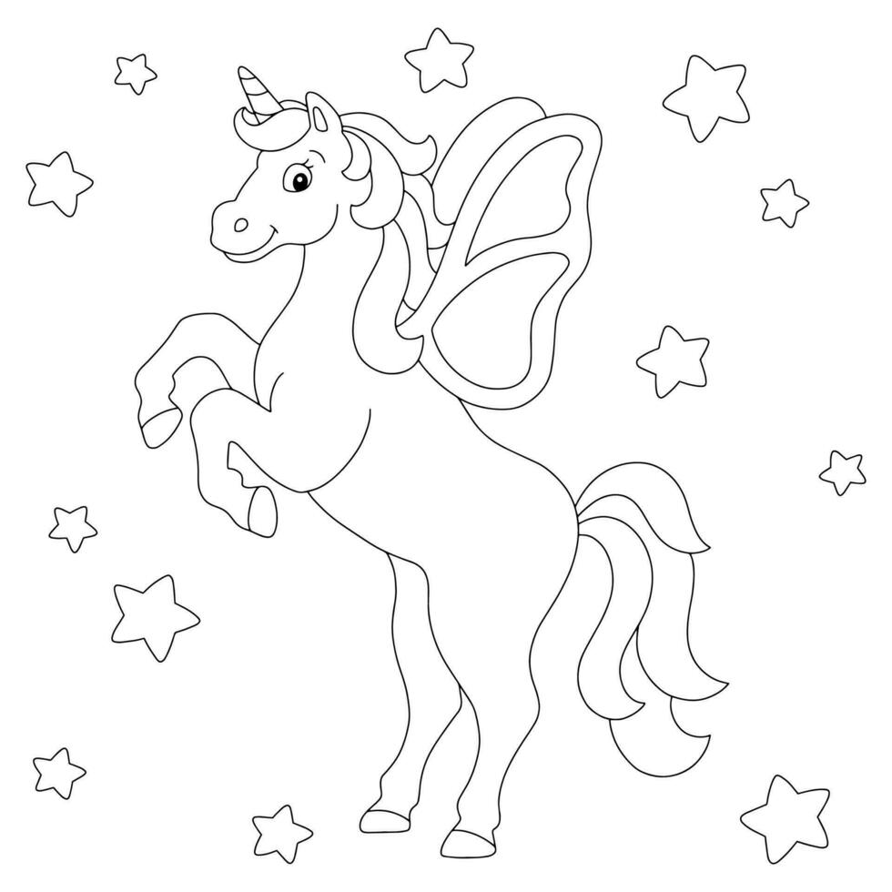 affascinante unicorno con le ali alzate. pagina del libro da colorare per bambini. personaggio in stile cartone animato. illustrazione vettoriale isolato su sfondo bianco.