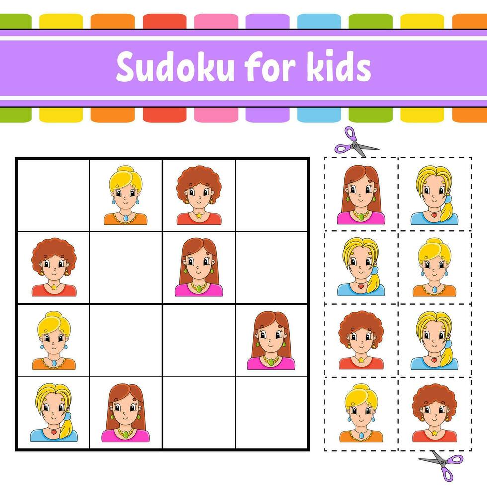 sudoku per bambini. formazione scolastica sviluppando foglio di lavoro. attività pagina con immagini. puzzle gioco per bambini. logico pensiero addestramento. divertente carattere. vettore illustrazione.