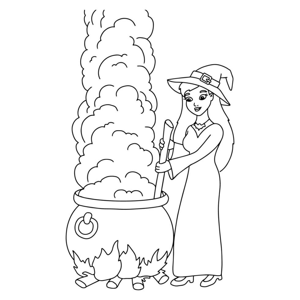 una giovane strega sta preparando una pozione in un calderone. pagina del libro da colorare per bambini. personaggio in stile cartone animato. illustrazione vettoriale isolato su sfondo bianco. tema di Halloween.