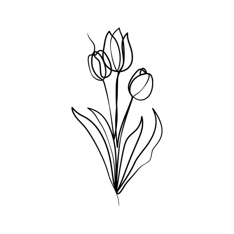 continuo uno linea arte disegno di bellezza tulipani fiore vettore