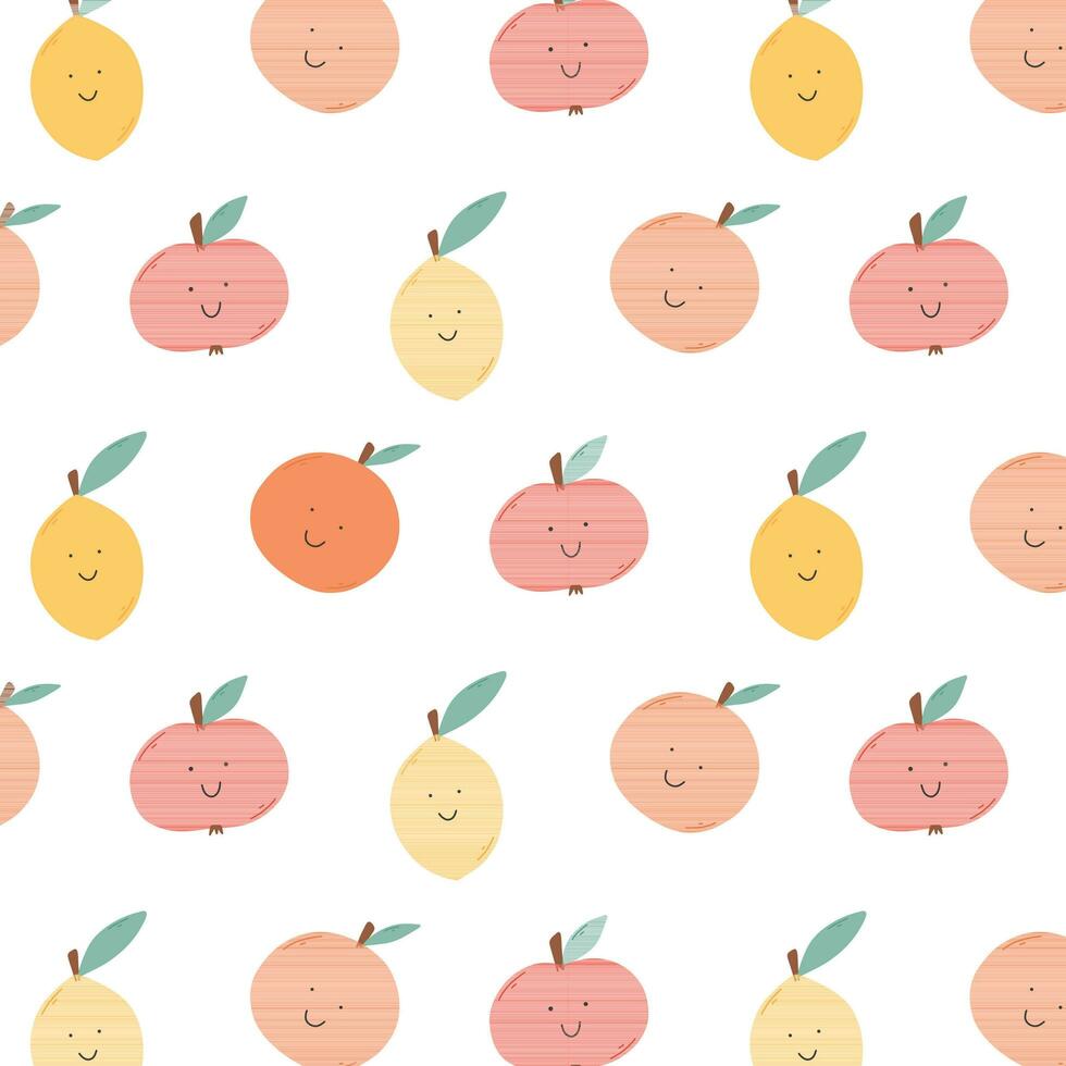 infantile senza soluzione di continuità modello con retrò frutta. bambini Stampa con agrumi nel un' piatto stile. vettore illustrazione. modello con mela, Limone e arancia.