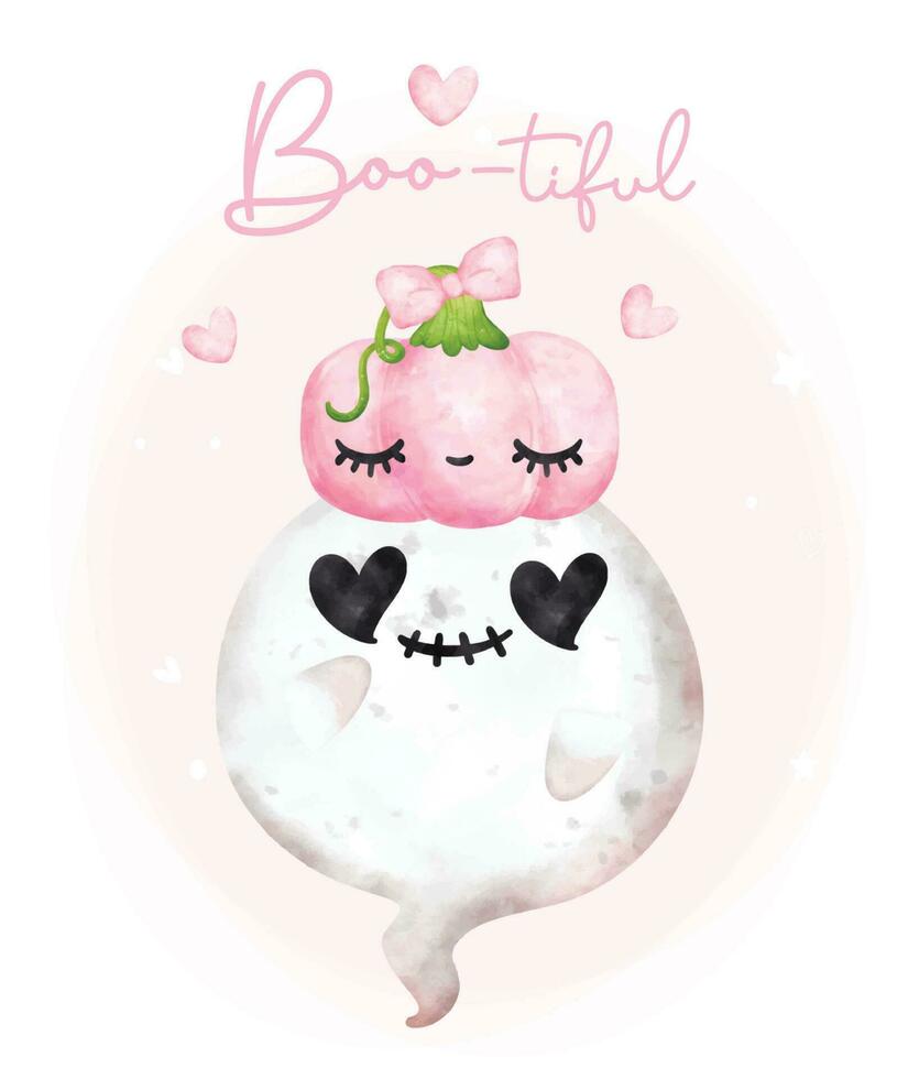 carino contento Sorridi kawaii fantasma buongiorno con rosa zucca, fischio tiful, cartone animato personaggio bottino acquerello mano dipinto vettore