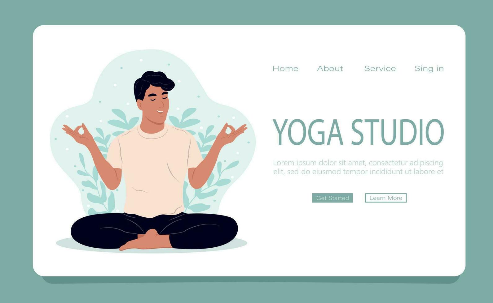 yoga studio ragnatela pagina modello. un' uomo fa yoga, meditando. internazionale giorno di yoga. moderno concetto di piatto ragnatela pagina design per sito web e mobile luogo. vettore illustrazione.