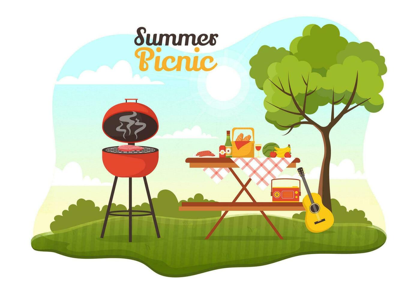 picnic all'aperto vettore illustrazione di persone seduta su un' verde erba nel natura su estate vacanza vacanze nel piatto cartone animato mano disegnato modelli