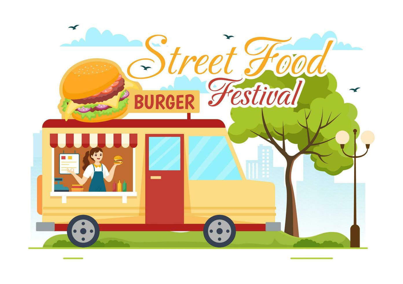 strada cibo Festival evento vettore illustrazione con persone e Alimenti camion nel estate all'aperto città parco nel piatto cartone animato mano disegnato modelli