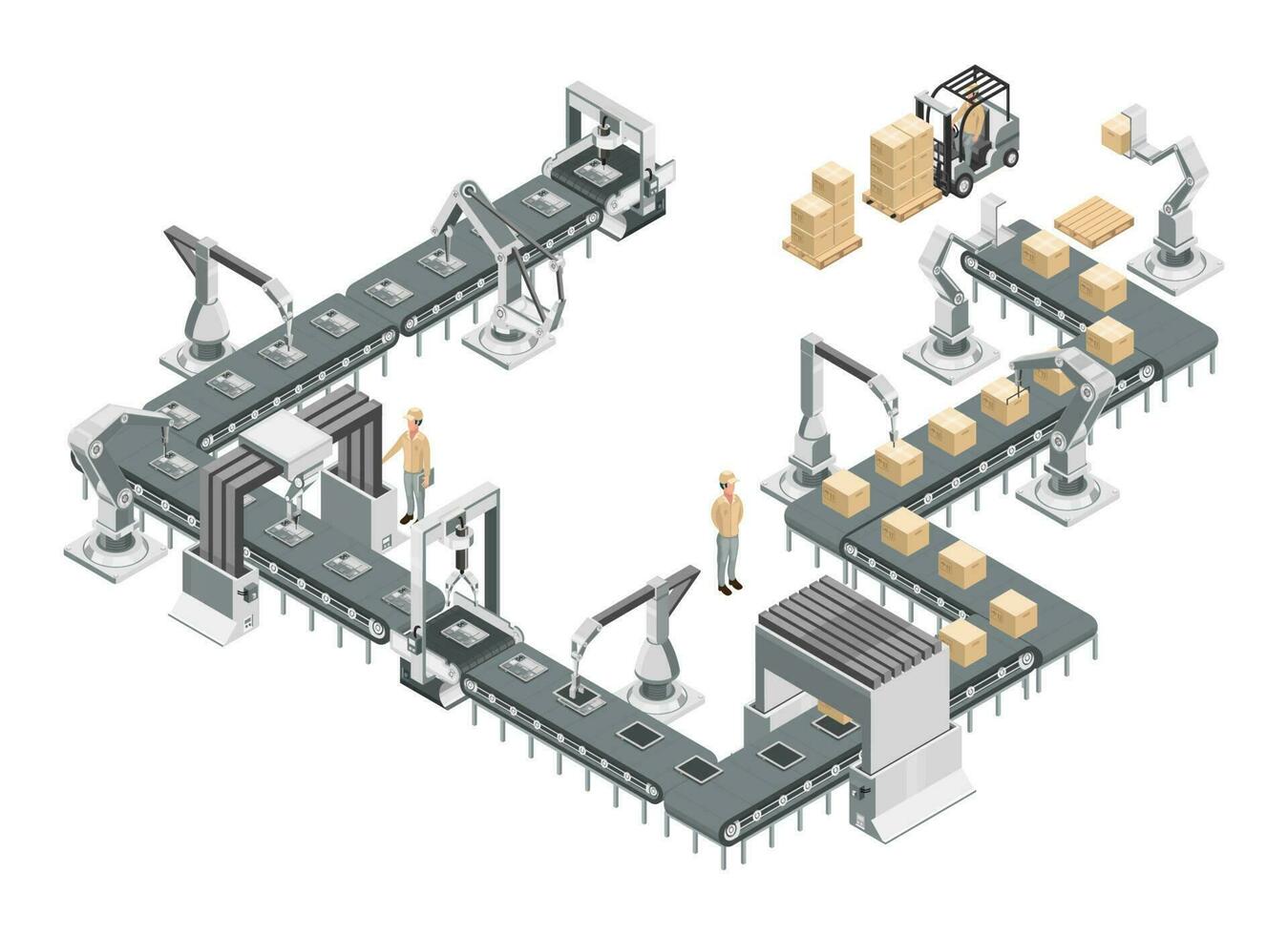 robotica montaggio linea nel un automatizzato fabbrica. trasportatore sistema e robotica braccia. isometrico vettore illustrazione.