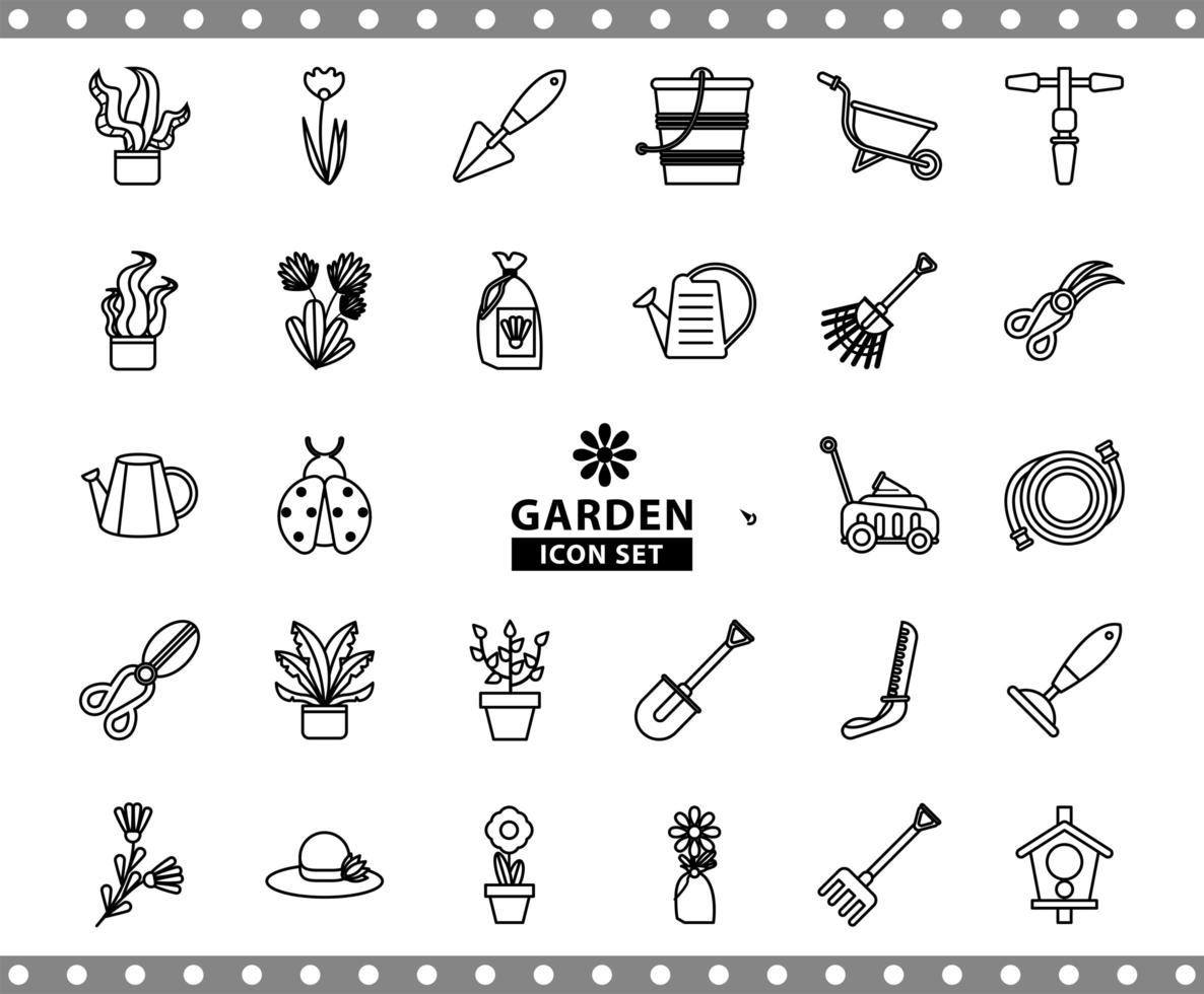 pacchetto di icone di stile di linea di attrezzi da giardinaggio vettore