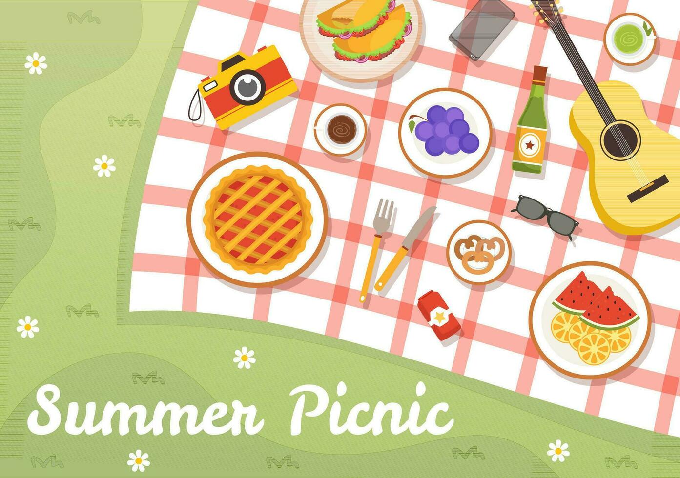 picnic all'aperto vettore illustrazione di persone seduta su un' verde erba nel natura su estate vacanza vacanze nel piatto cartone animato mano disegnato modelli