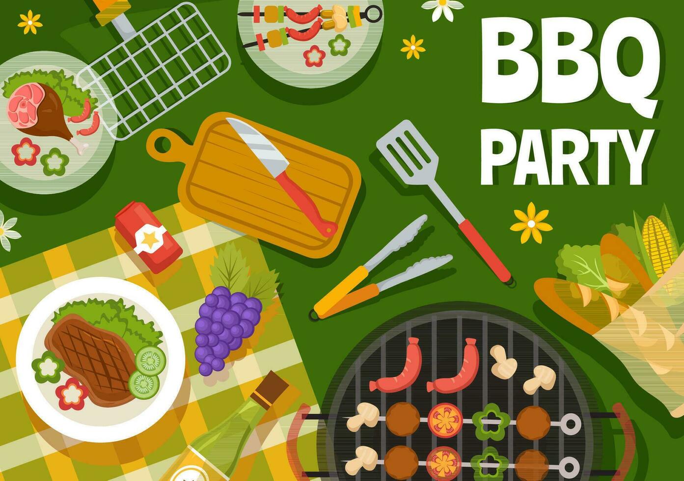 barbecue e griglia impostato vettore illustrazione persone grigliate o bbq festa cibo a parco nel Festival e estate cucinando cartone animato mano disegnato modelli