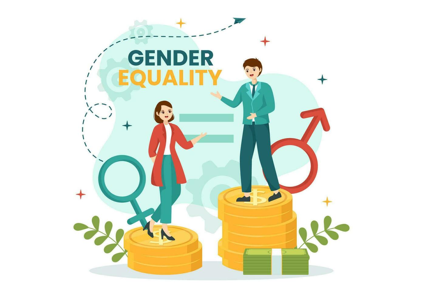 Genere uguaglianza vettore illustrazione con uomini e donne personaggio su il bilancia mostrando pari equilibrio e stesso opportunità nel mano disegnato modelli